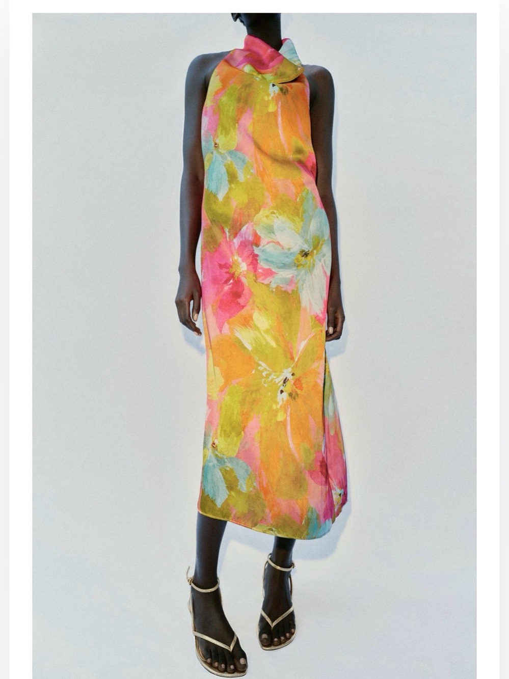 Zara Floral Midi Dress in Yellow, Pink, Green